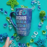 A bluish galaxy hand painted mug with the words 