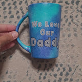 A blue Galaxy hand Painted mug with the sentence 