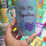 A hand-painted  light blue purple mug with the words 