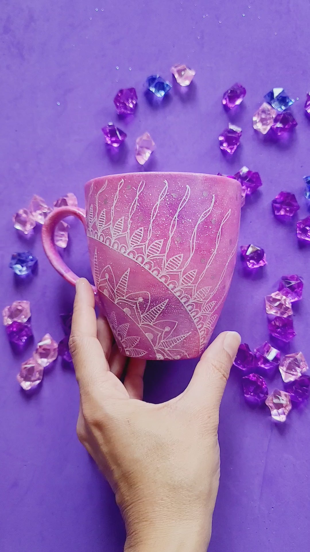 A Pink galaxy Hand painted mug with a 1/4 mandala drawn starting at the corner and the other side has the words "Princess Honey"