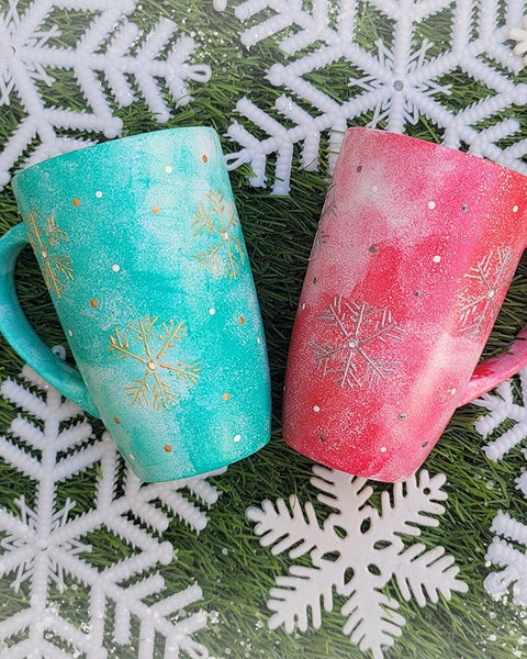 Red and Green Snowflake Couple Mugs