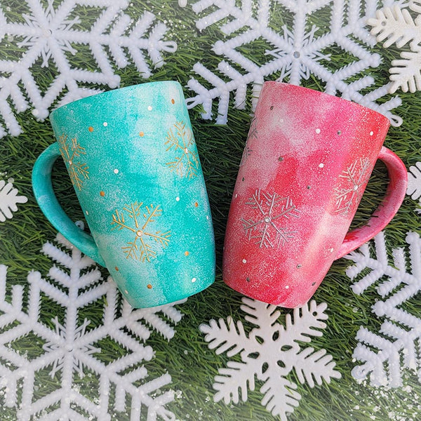 Red and Green Snowflake Couple Mugs