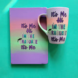 A Gradient hand painted mug and notebook (lilac-peach-mint-lilac) with the sentence 