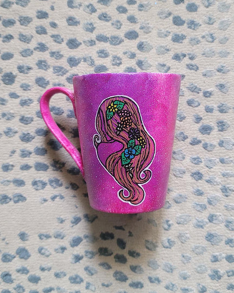 A hand-painted pink galaxy mug with Virgo sign