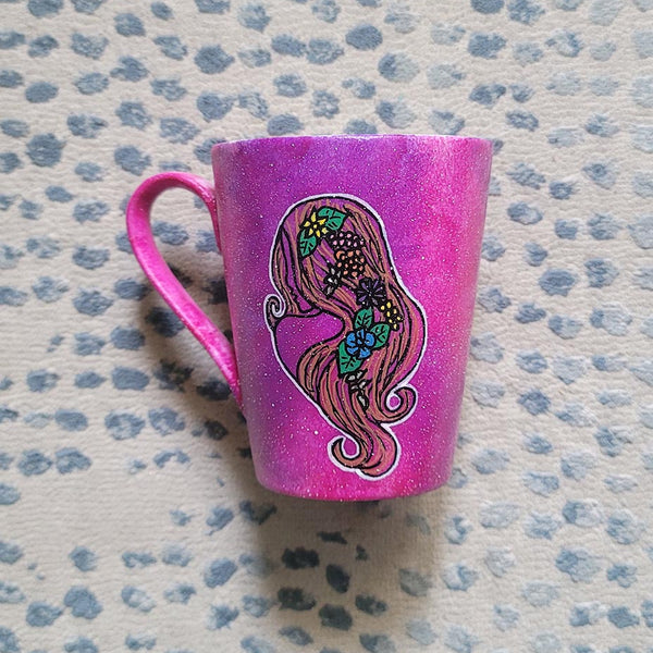 A hand-painted pink galaxy mug with Virgo sign