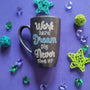 A Shimmery Blue hand painted mug with the sentence "work hard , dream big , never give up"